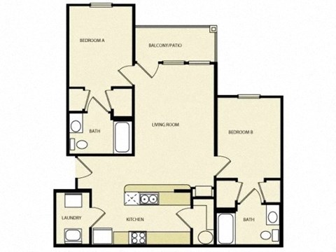 Floor plan for 2 beds, 2 baths, 927 sqft